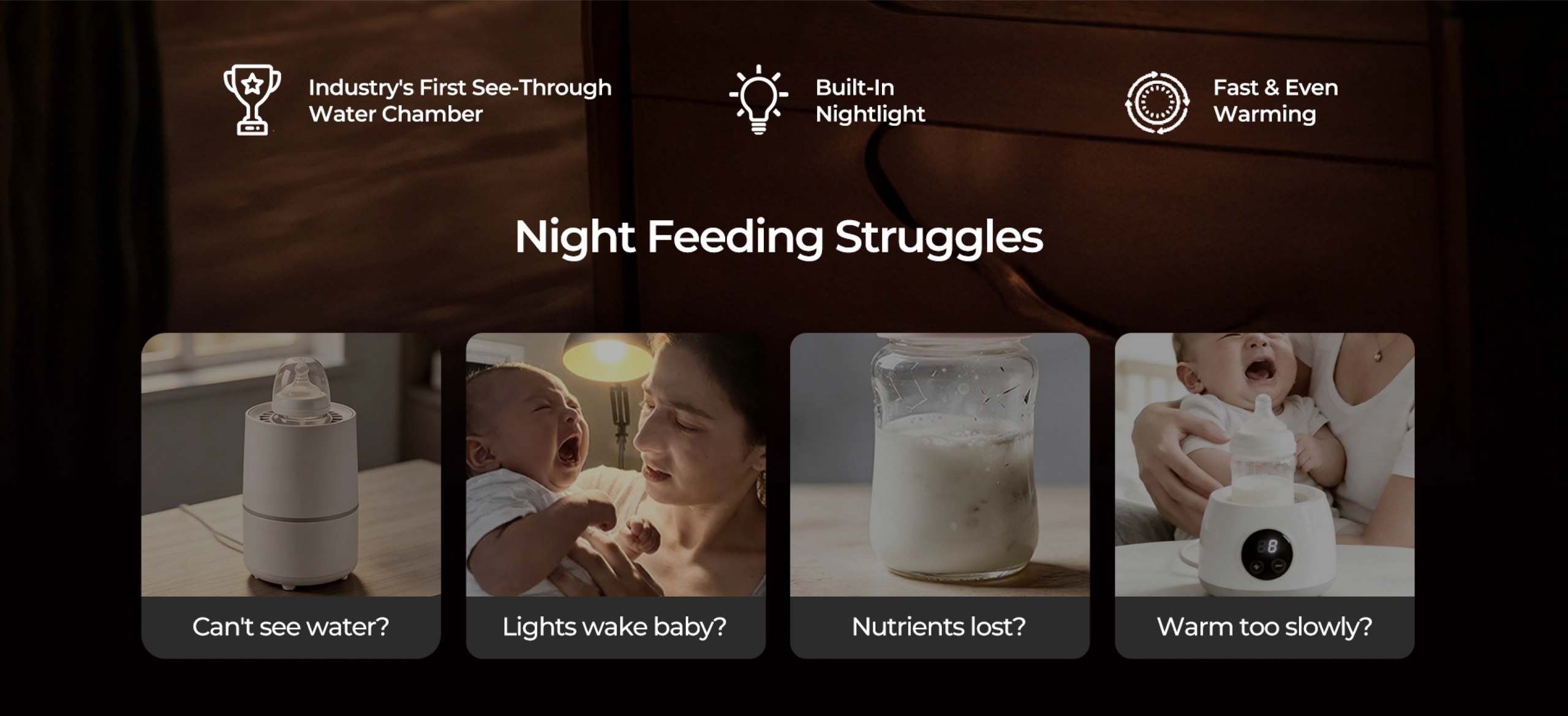 Product features for night feeding struggles with images and text on a dark background