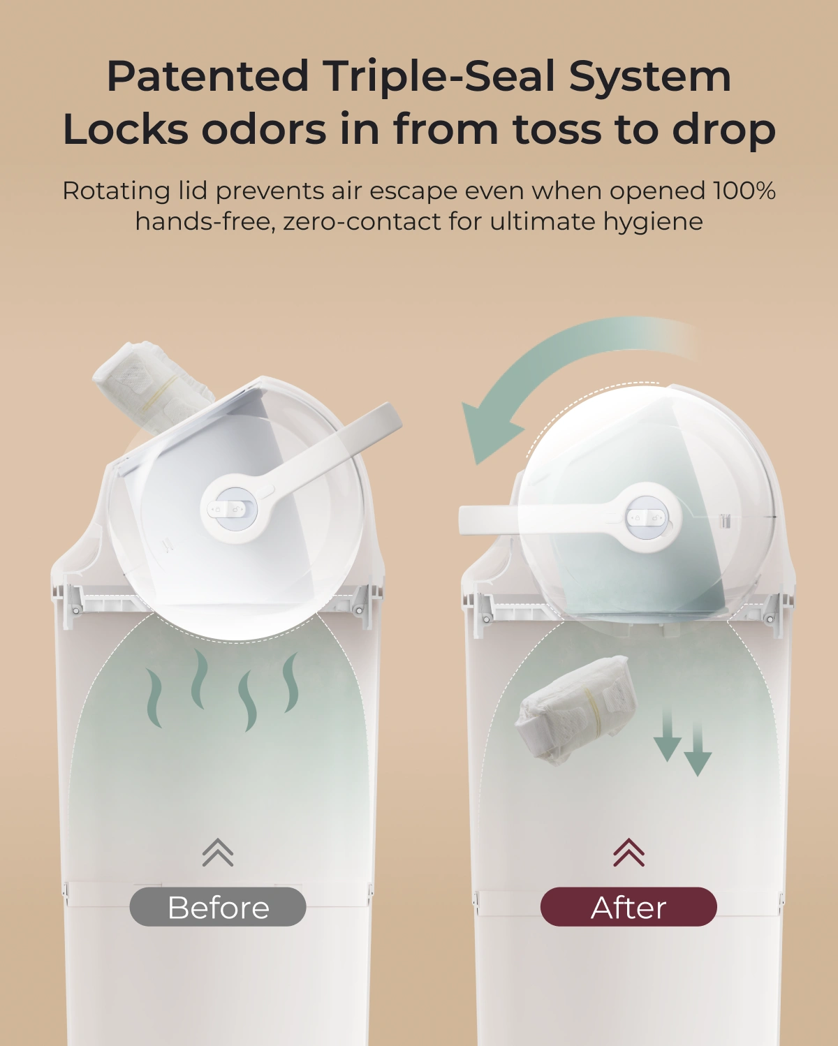 Patented triple-seal diaper pail with hands-free zero-contact disposal and odor-locking lid