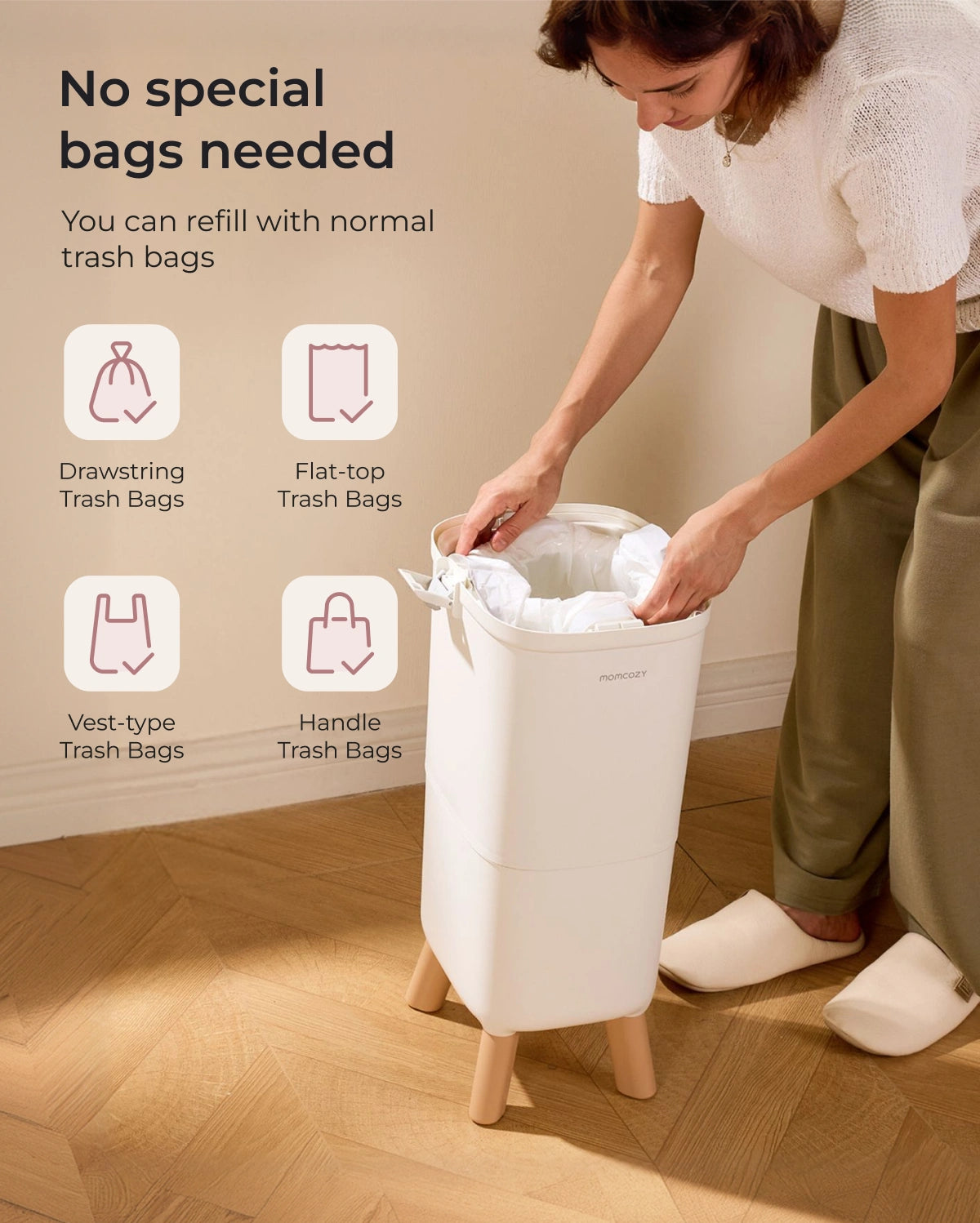 Momcozy Triple-Seal diaper pail with no special bags needed, shown with standard trash bags