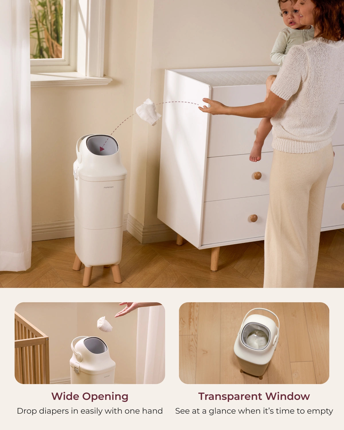 Momcozy Triple-Seal diaper pail with wide opening and transparent window for one-hand diaper disposal